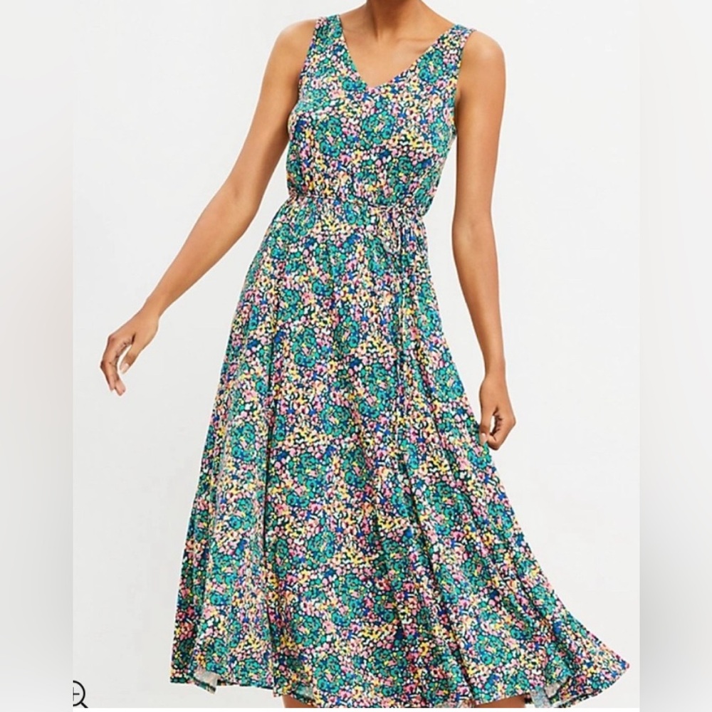 LOFT Godet Double V Multicolor Floral Maxi Dress, women’s size Large